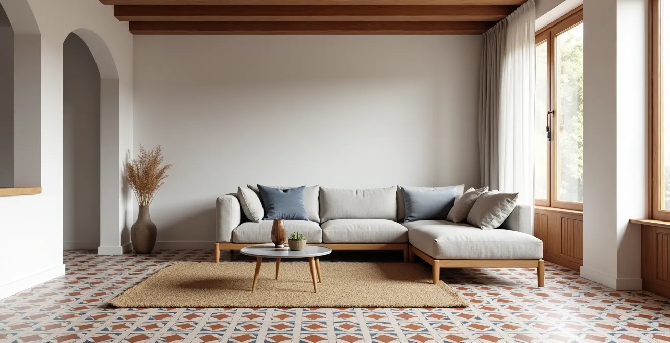 Salón con muebles minimalistas de líneas puras sobre suelo hidráulico tradicional sevillano, mostrando equilibrio entre patrimonio y diseño contemporáneo