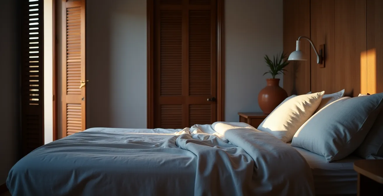 Dormitorio sevillano con ventilación natural y técnicas de enfriamiento tradicionales para dormir en noches calurosas