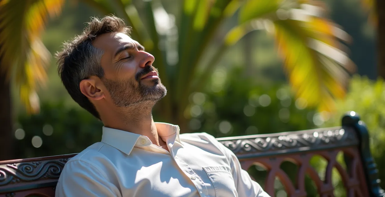 Profesional descansando brevemente en un banco del Parque de María Luisa