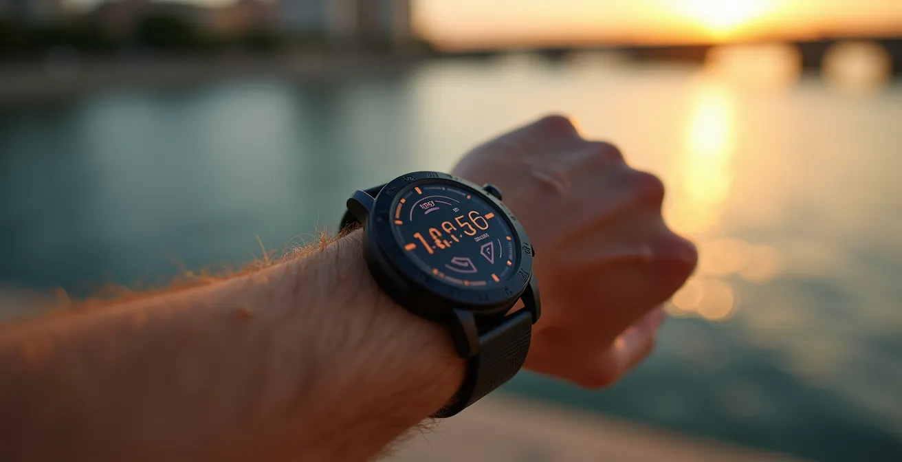 Primer plano de muñeca con smartwatch mostrando métricas mientras camina junto al río
