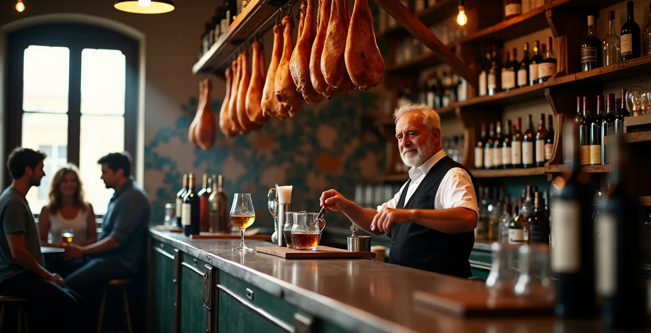 Interior de taberna tradicional sevillana con barra de zinc, jamones colgados y azulejos antiguos
