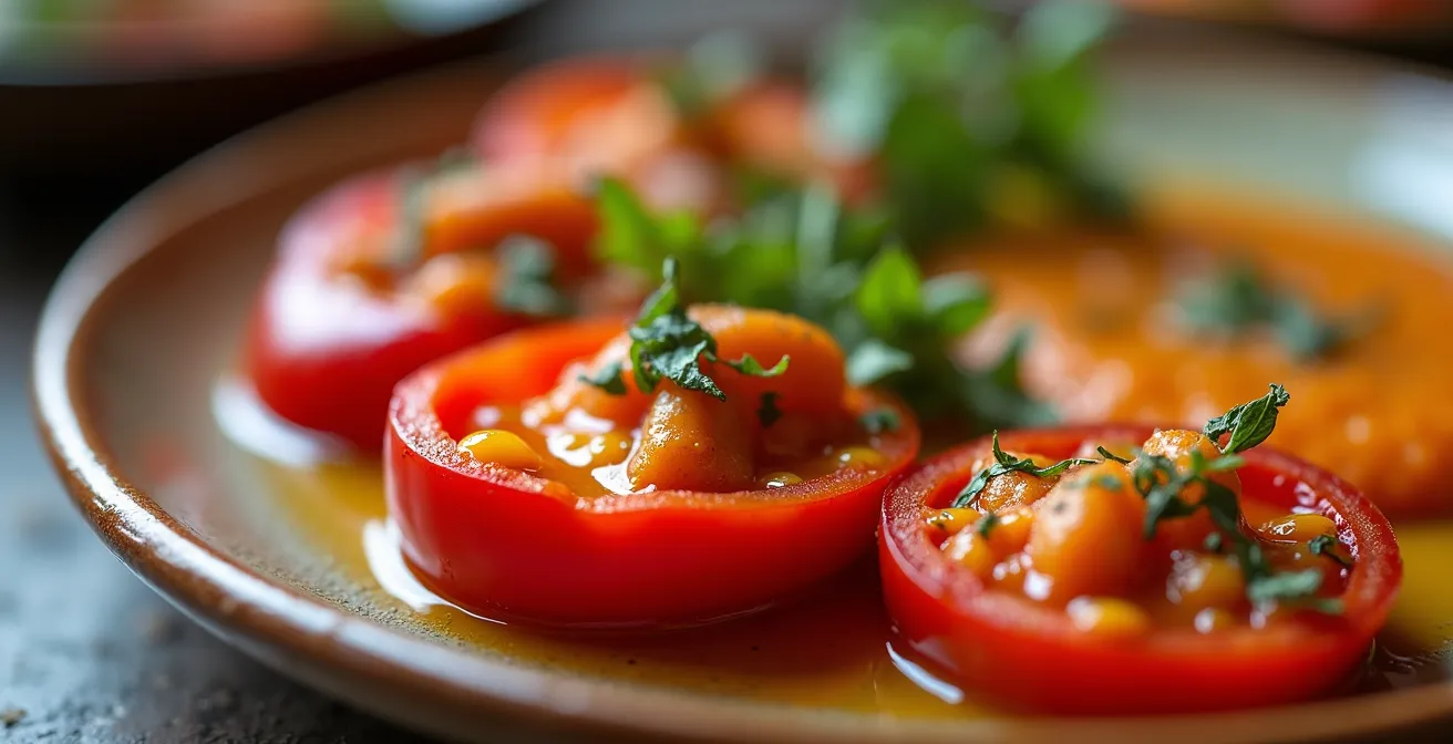 Variedad de tapas vegetales andaluzas dispuestas en mesa de madera tradicional