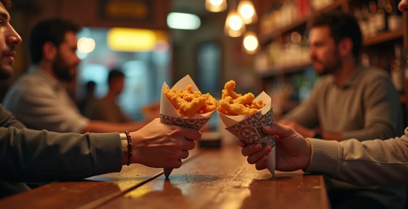 Escena de tapeo sevillano con cartuchos de pescaíto frito y cañas de cerveza en mesa de bar tradicional