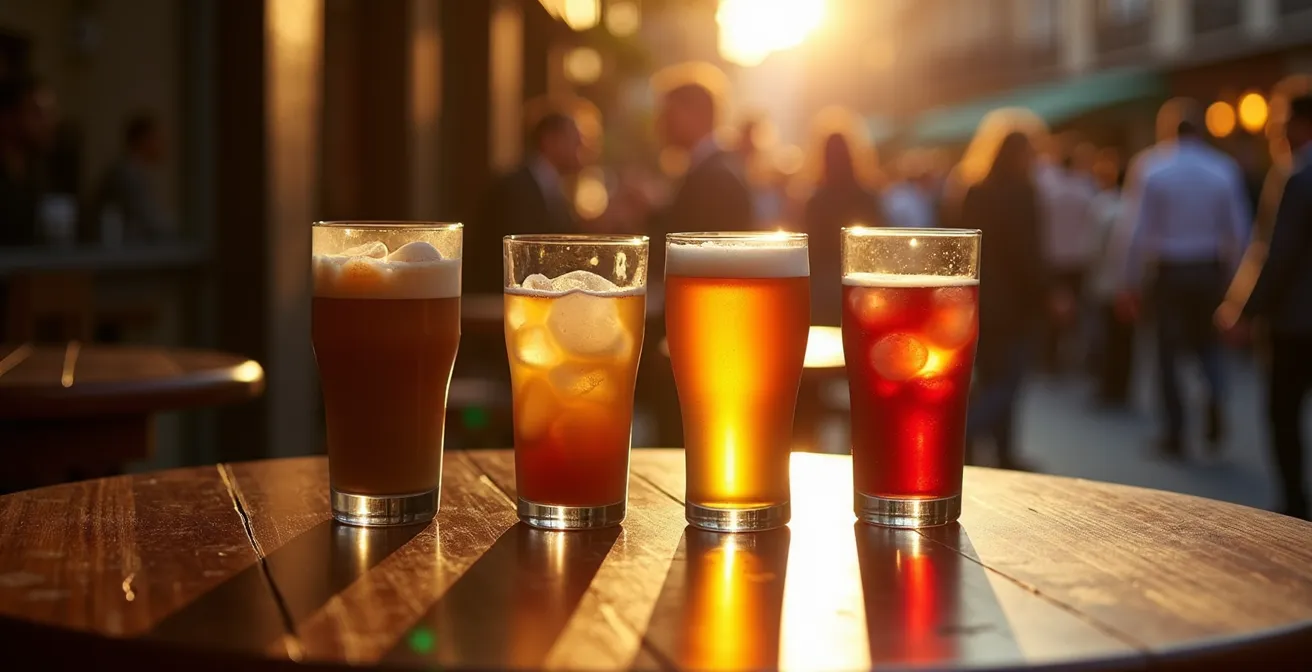 Grupo de amigos en terraza sevillana con bebidas variadas al atardecer