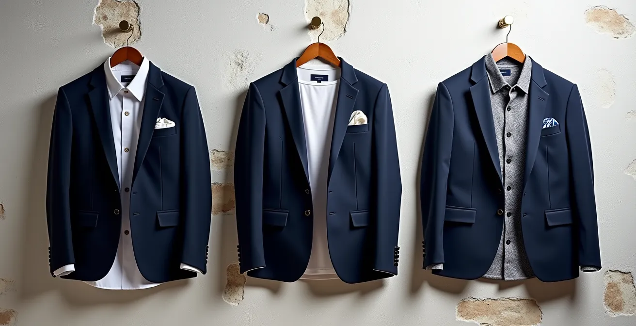 Tres formas de llevar la misma blazer azul hopsack en diferentes contextos sevillanos