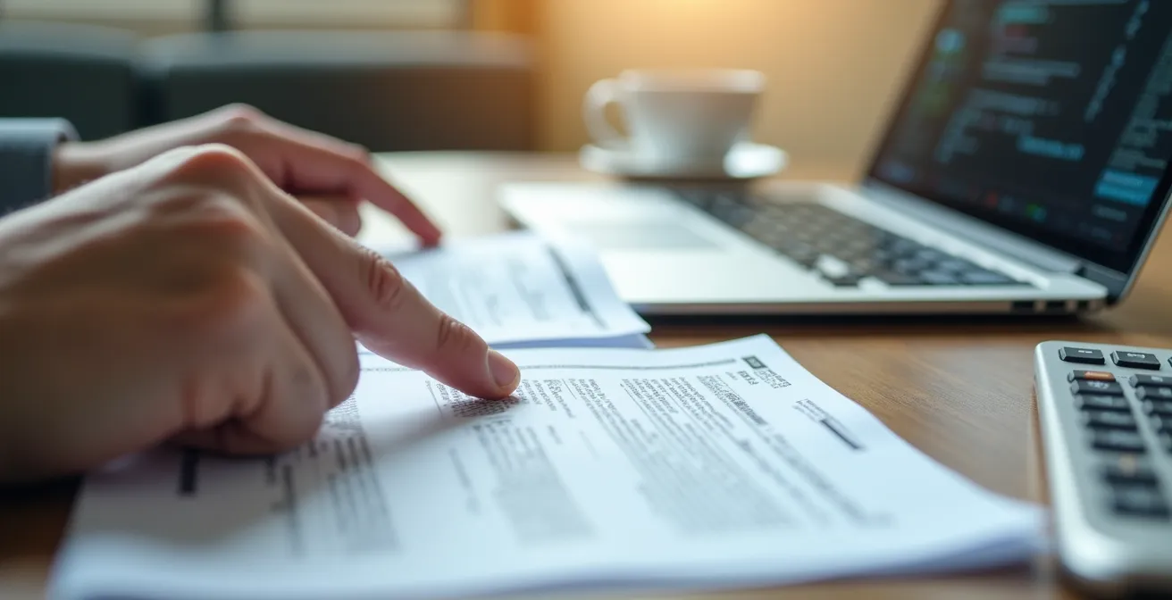 Mesa de trabajo con laptop mostrando documentos de verificación para alquiler seguro en Sevilla