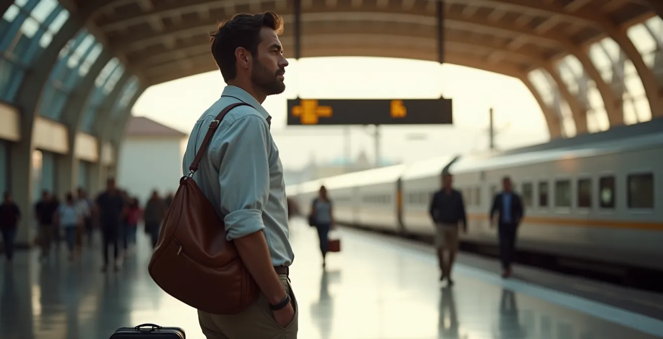 Interior de estación de tren con viajero contemplando panel de destinos andaluces