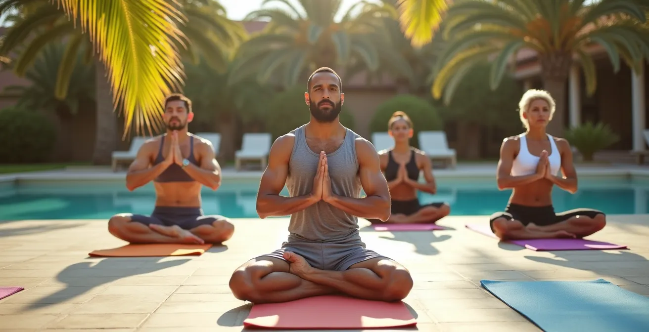 Sesión de yoga suave junto a la piscina municipal con palmeras sevillanas de fondo
