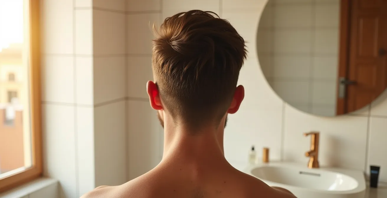 Vista posterior de cabeza masculina mostrando zonas de retoque casero seguro